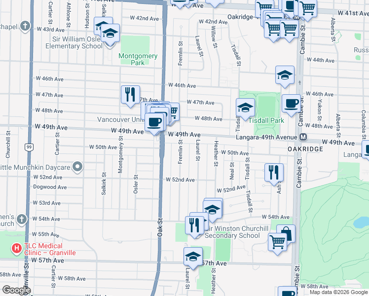 map of restaurants, bars, coffee shops, grocery stores, and more near in Vancouver