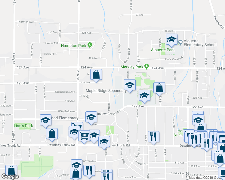 map of restaurants, bars, coffee shops, grocery stores, and more near 21775 Ridgeway Crescent in Maple Ridge