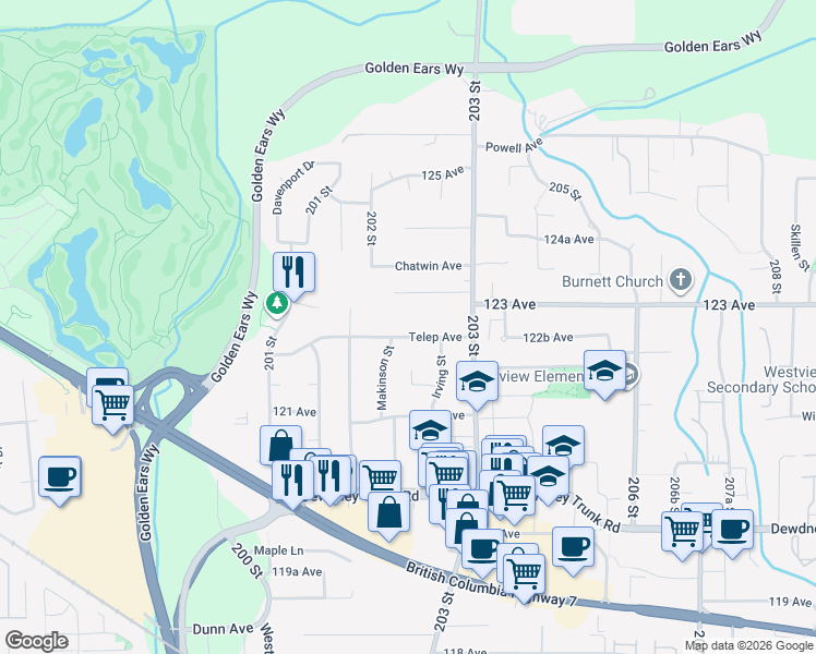 map of restaurants, bars, coffee shops, grocery stores, and more near 20271 Telep Avenue in Maple Ridge