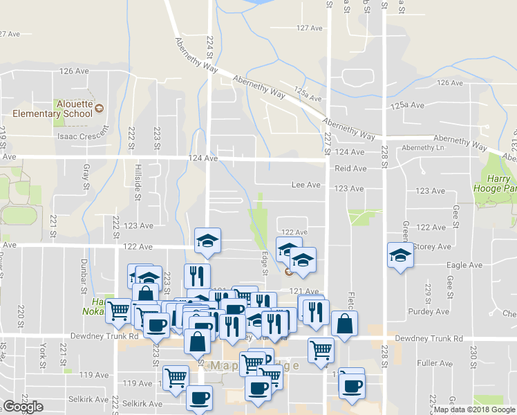 map of restaurants, bars, coffee shops, grocery stores, and more near 22522 123 Avenue in Maple Ridge