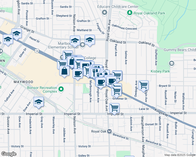 map of restaurants, bars, coffee shops, grocery stores, and more near 5068 Kingsway in Burnaby