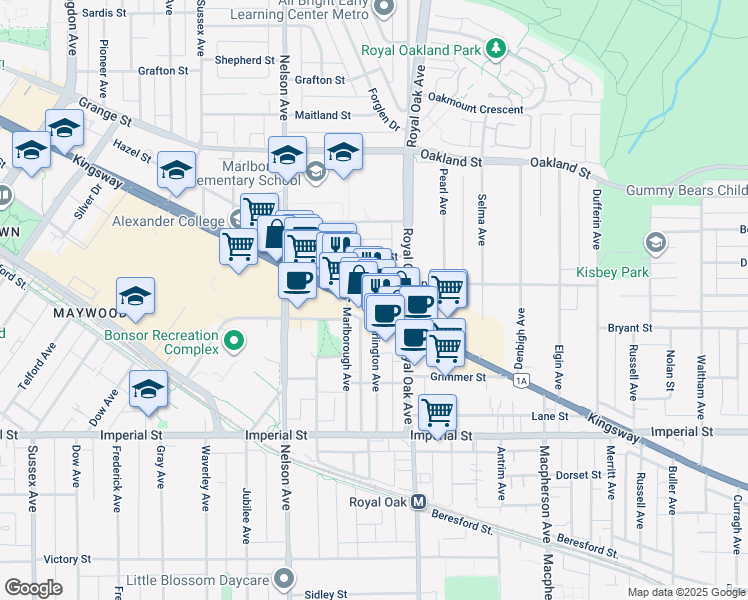 map of restaurants, bars, coffee shops, grocery stores, and more near 5068 Kingsway in Burnaby