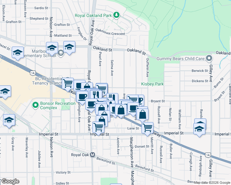 map of restaurants, bars, coffee shops, grocery stores, and more near 6434 Selma Avenue in Burnaby