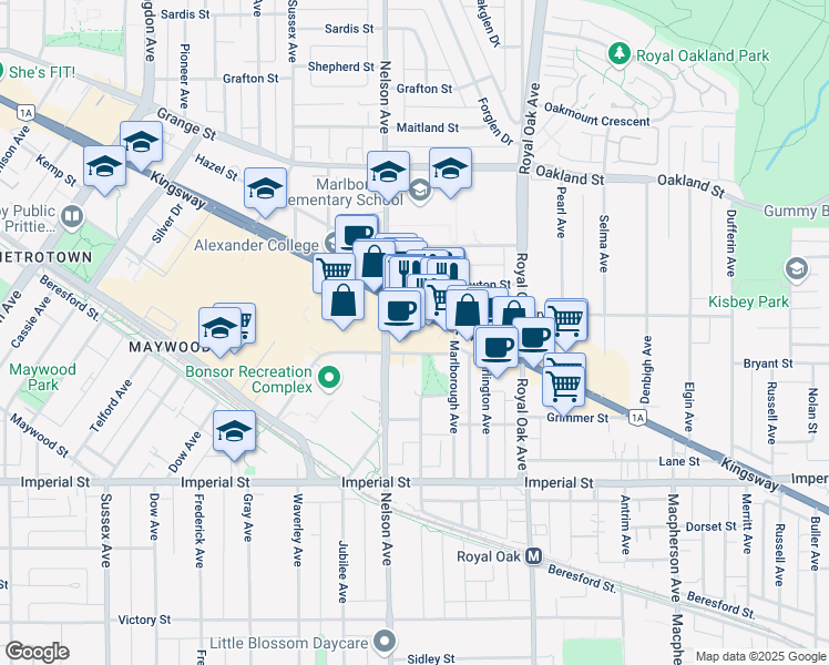 map of restaurants, bars, coffee shops, grocery stores, and more near 4974 Kingsway in Burnaby