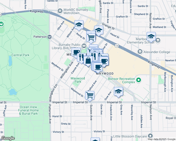 map of restaurants, bars, coffee shops, grocery stores, and more near 6333 Silver Avenue in Burnaby