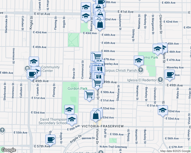 map of restaurants, bars, coffee shops, grocery stores, and more near in Vancouver