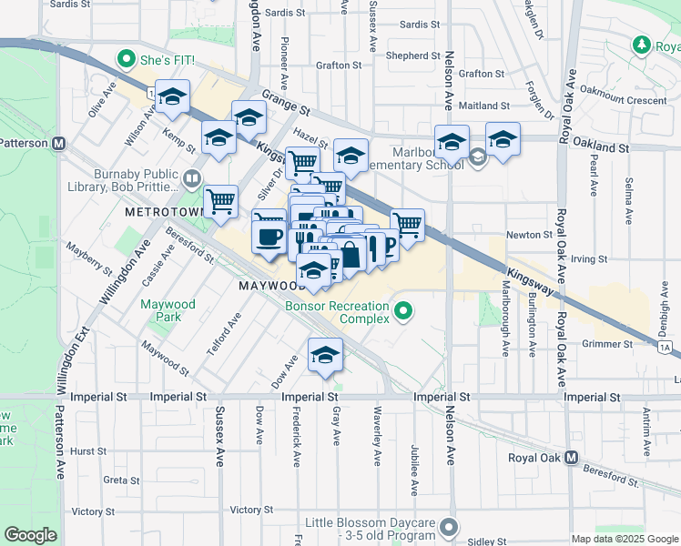 map of restaurants, bars, coffee shops, grocery stores, and more near 4800 Kingsway in Burnaby