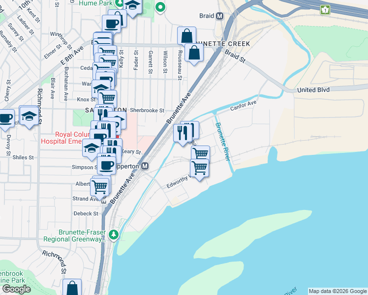 map of restaurants, bars, coffee shops, grocery stores, and more near 30 Capilano Way in New Westminster