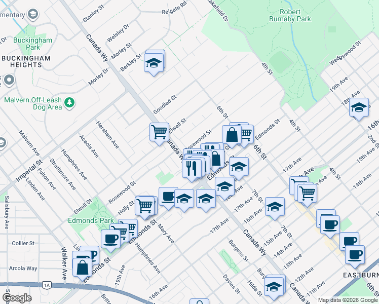 map of restaurants, bars, coffee shops, grocery stores, and more near 7728 Rosewood Street in Burnaby