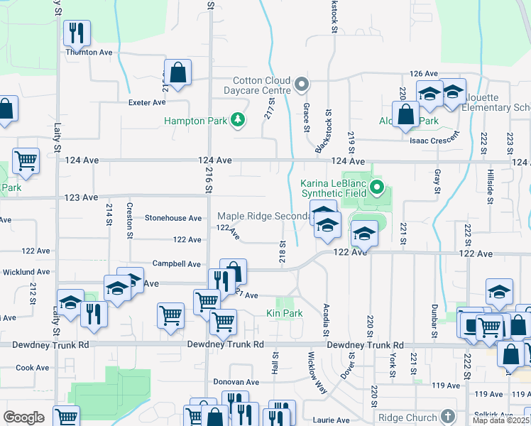 map of restaurants, bars, coffee shops, grocery stores, and more near 21727 Ridgeway Crescent in Maple Ridge