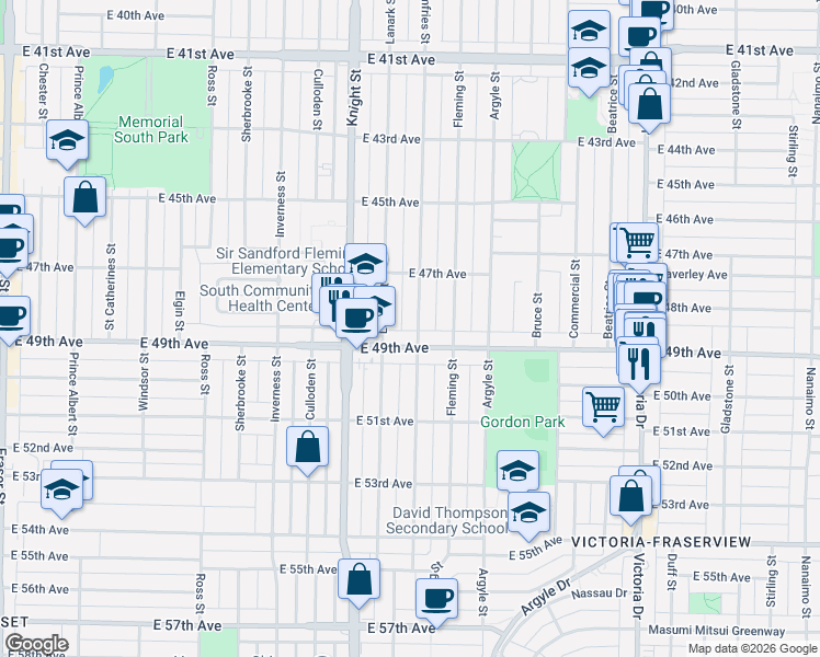 map of restaurants, bars, coffee shops, grocery stores, and more near 6459 Dumfries Street in Vancouver