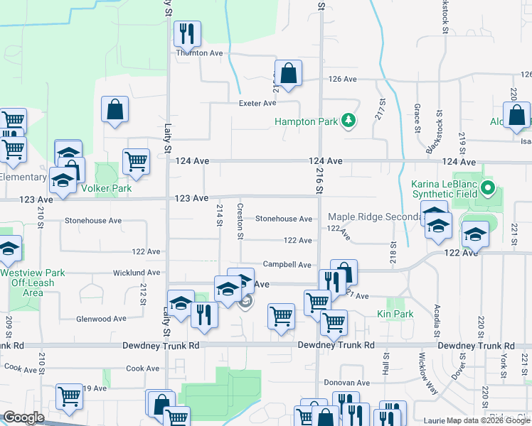 map of restaurants, bars, coffee shops, grocery stores, and more near 21479 Stonehouse Avenue in Maple Ridge