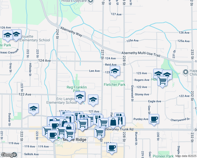 map of restaurants, bars, coffee shops, grocery stores, and more near 22666 123 Avenue in Maple Ridge