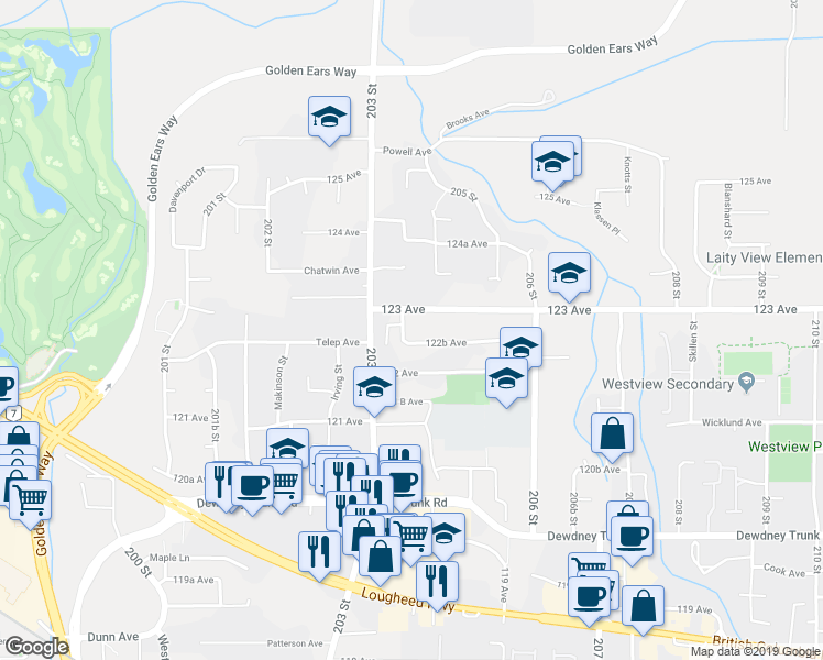 map of restaurants, bars, coffee shops, grocery stores, and more near 12272 204 Street in Maple Ridge
