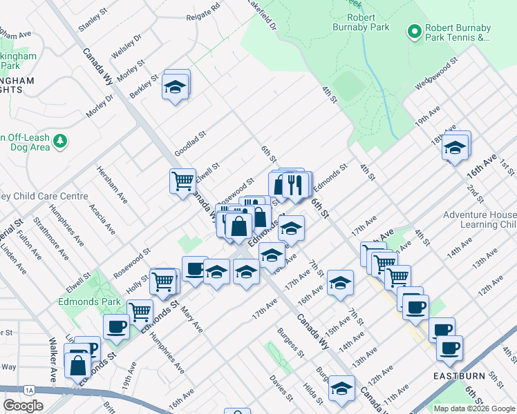 map of restaurants, bars, coffee shops, grocery stores, and more near 7779 Wedgewood Street in Burnaby