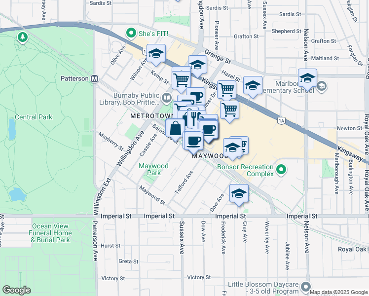map of restaurants, bars, coffee shops, grocery stores, and more near in Burnaby