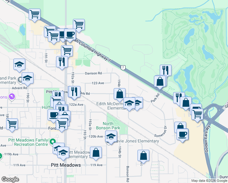 map of restaurants, bars, coffee shops, grocery stores, and more near 19439 Park Road in Pitt Meadows