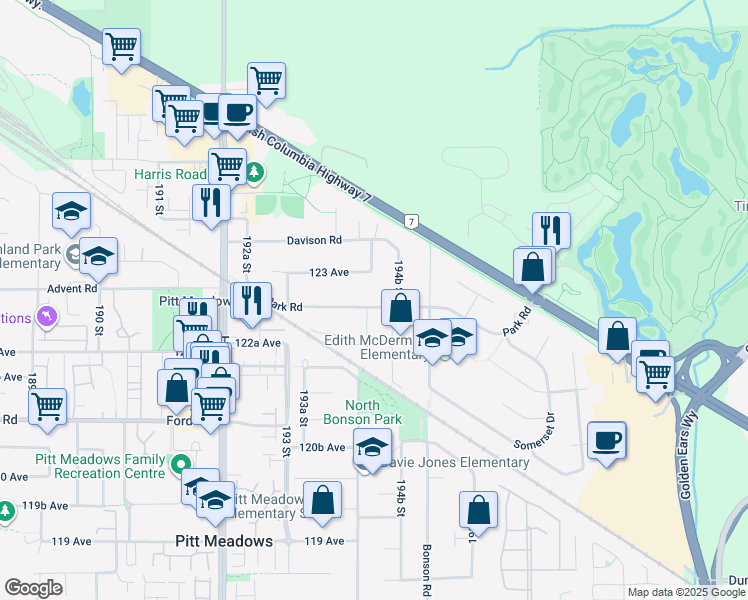 map of restaurants, bars, coffee shops, grocery stores, and more near 19435 Park Road in Pitt Meadows