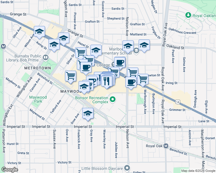 map of restaurants, bars, coffee shops, grocery stores, and more near 4820 Kingsway in Burnaby