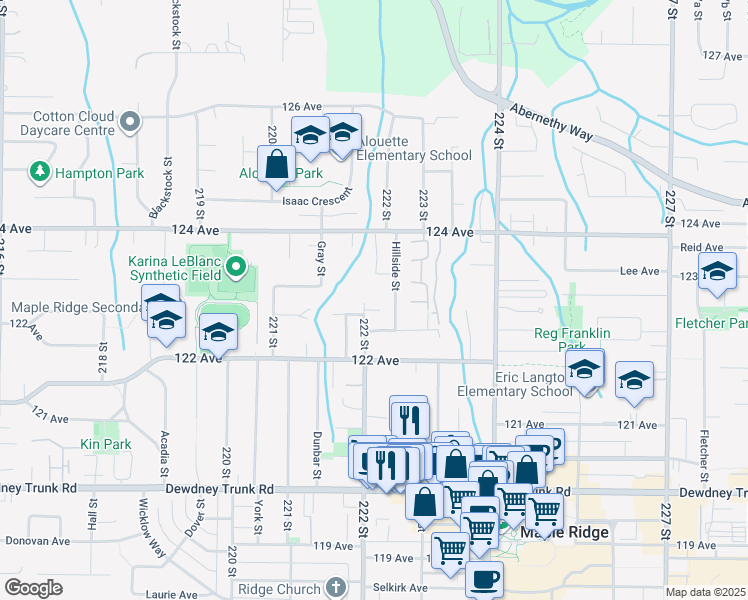 map of restaurants, bars, coffee shops, grocery stores, and more near 12320 222 Street in Maple Ridge