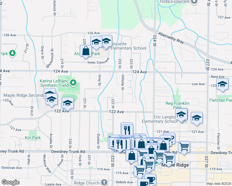 map of restaurants, bars, coffee shops, grocery stores, and more near 12320 222 Street in Maple Ridge