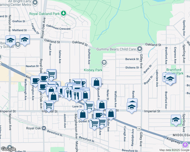 map of restaurants, bars, coffee shops, grocery stores, and more near 3524 Burns Place in Burnaby
