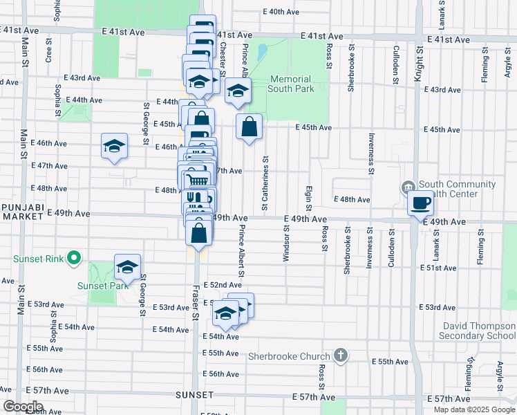 map of restaurants, bars, coffee shops, grocery stores, and more near 6465 Saint Catherines Street in Vancouver