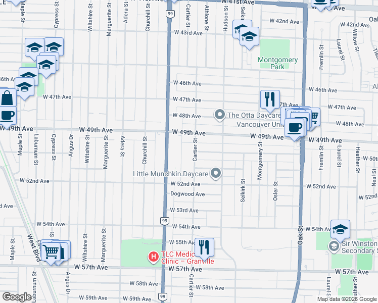 map of restaurants, bars, coffee shops, grocery stores, and more near 6587 Cartier Street in Vancouver