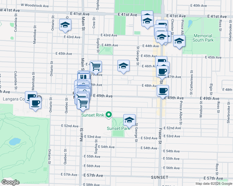 map of restaurants, bars, coffee shops, grocery stores, and more near 423 East 49th Avenue in Vancouver