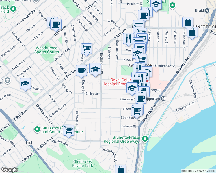 map of restaurants, bars, coffee shops, grocery stores, and more near 375 Keary Street in New Westminster