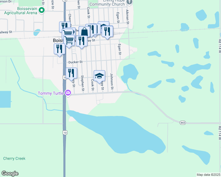 map of restaurants, bars, coffee shops, grocery stores, and more near 309 Johnson Street in Boissevain