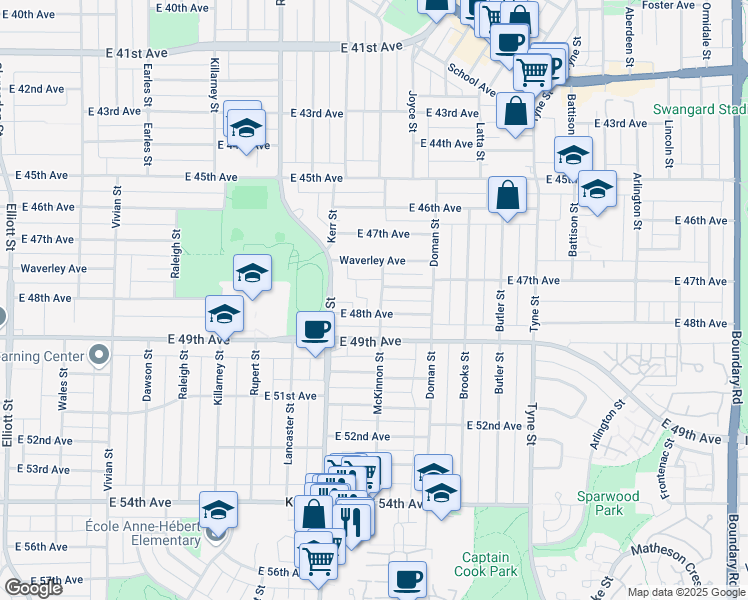 map of restaurants, bars, coffee shops, grocery stores, and more near 6363 McKinnon Street in Vancouver