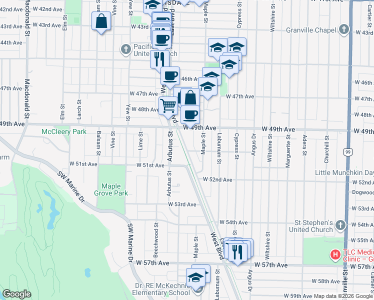 map of restaurants, bars, coffee shops, grocery stores, and more near 101 East Boulevard in Vancouver