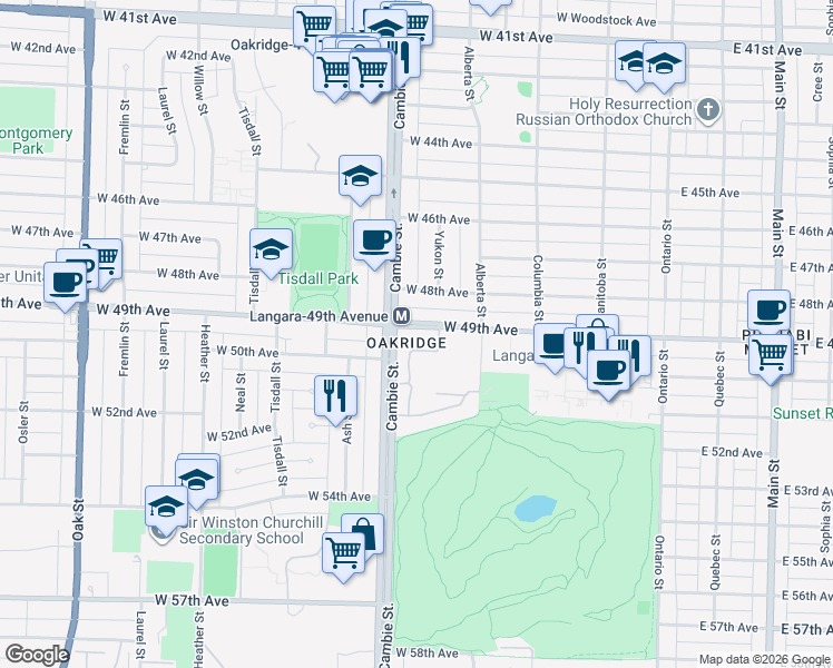 map of restaurants, bars, coffee shops, grocery stores, and more near 444 West 49th Avenue in Vancouver