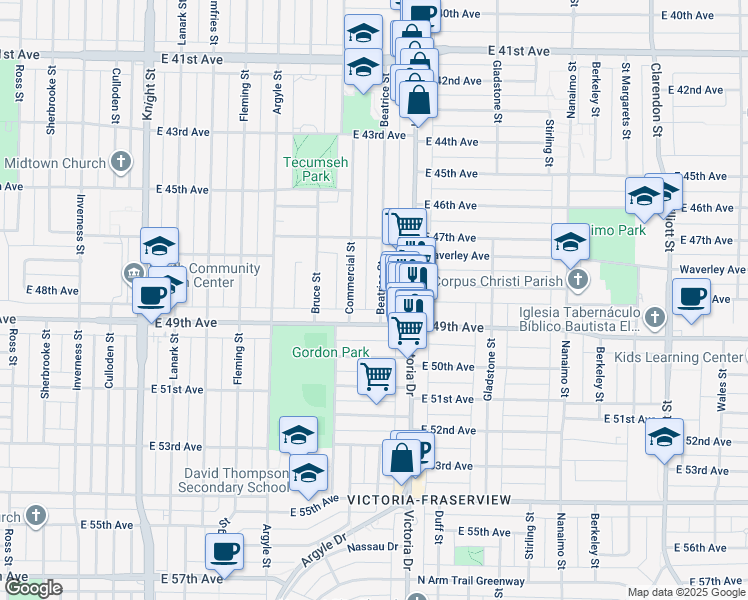 map of restaurants, bars, coffee shops, grocery stores, and more near 6447 Beatrice Street in Vancouver