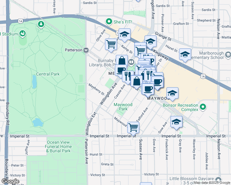 map of restaurants, bars, coffee shops, grocery stores, and more near 6325 Cassie Avenue in Burnaby