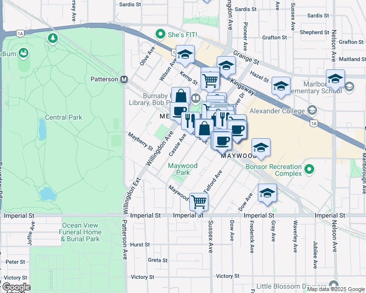 map of restaurants, bars, coffee shops, grocery stores, and more near in Burnaby