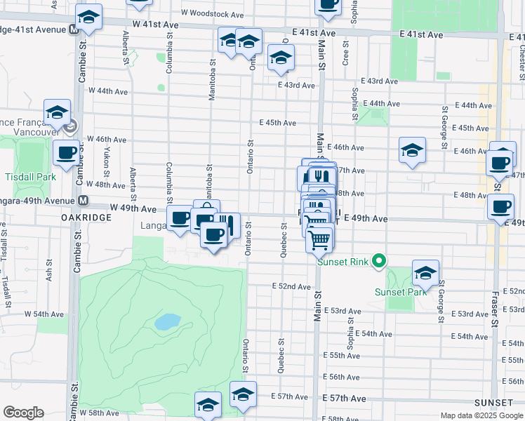 map of restaurants, bars, coffee shops, grocery stores, and more near 35 East 49th Avenue in Vancouver