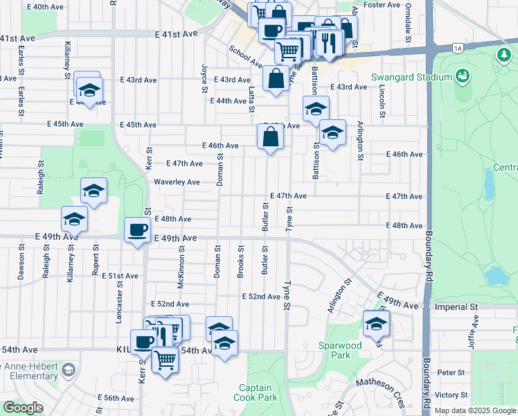 map of restaurants, bars, coffee shops, grocery stores, and more near 6333 Butler Street in Vancouver