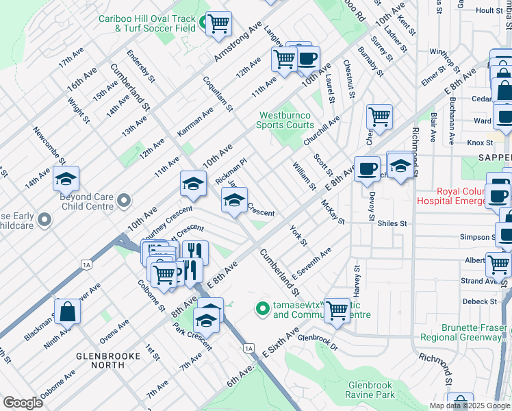 map of restaurants, bars, coffee shops, grocery stores, and more near 821 Jackson Crescent in New Westminster