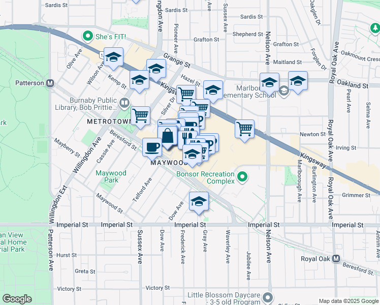 map of restaurants, bars, coffee shops, grocery stores, and more near 4720 Kingsway in Burnaby