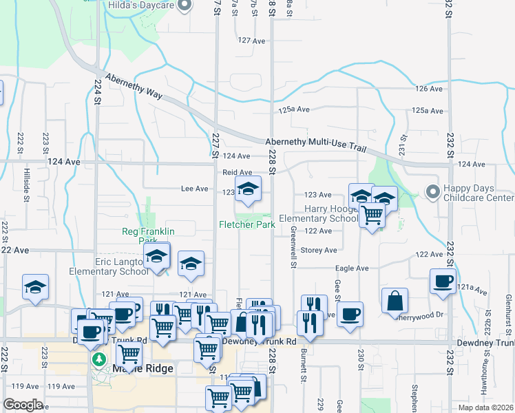 map of restaurants, bars, coffee shops, grocery stores, and more near in Maple Ridge
