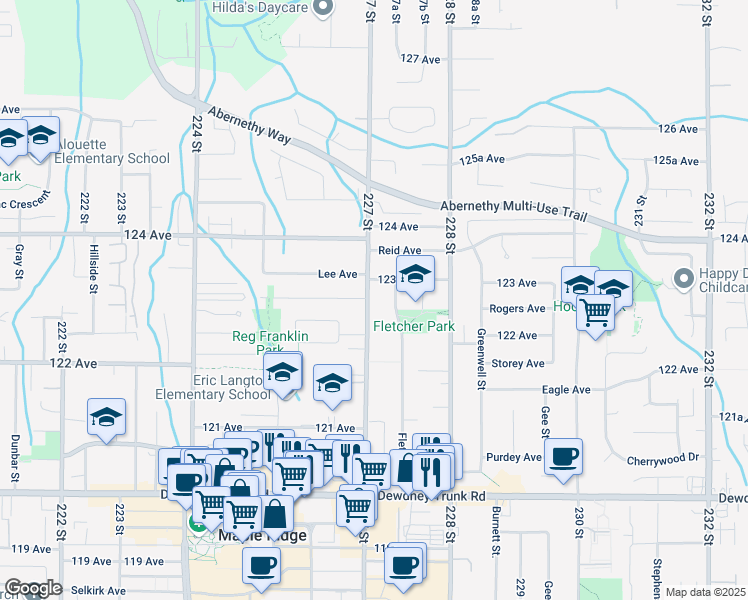 map of restaurants, bars, coffee shops, grocery stores, and more near 12308 227 Street in Maple Ridge