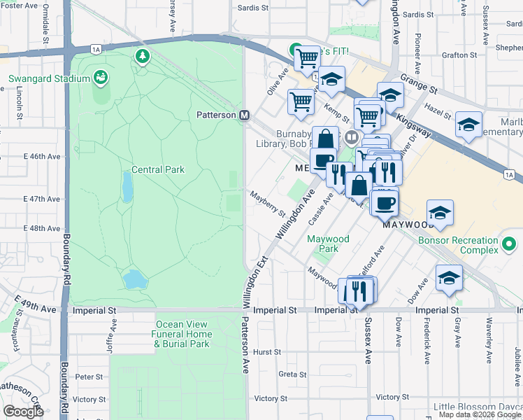 map of restaurants, bars, coffee shops, grocery stores, and more near 4300 Mayberry Street in Burnaby