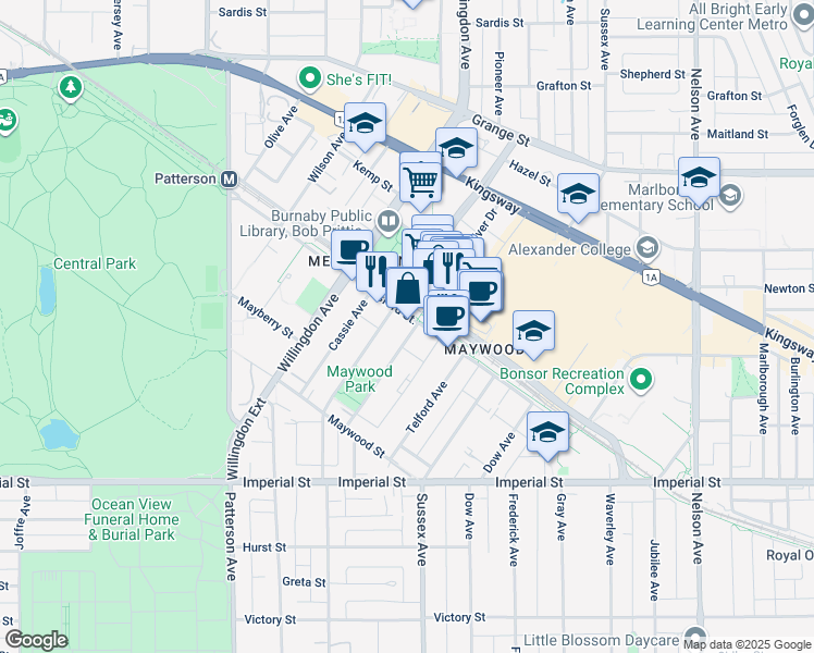 map of restaurants, bars, coffee shops, grocery stores, and more near 6333 Silver Avenue in Burnaby