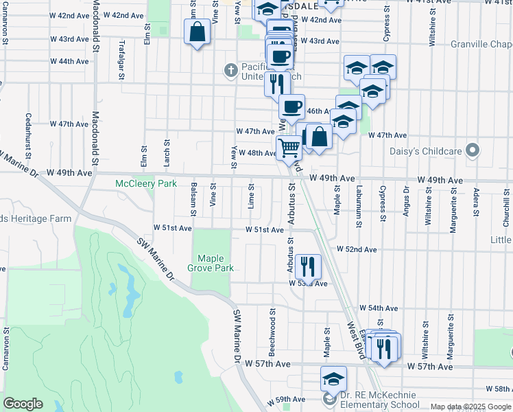 map of restaurants, bars, coffee shops, grocery stores, and more near 6610 Lime Street in Vancouver