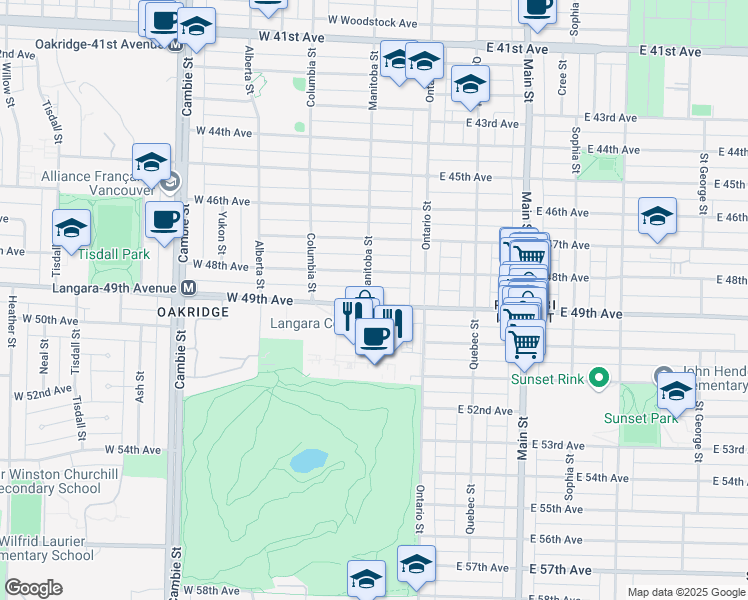 map of restaurants, bars, coffee shops, grocery stores, and more near 87 West 49th Avenue in Vancouver