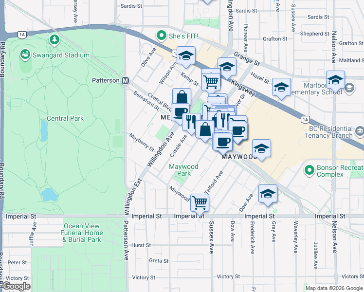 map of restaurants, bars, coffee shops, grocery stores, and more near 6288 Cassie Avenue in Burnaby