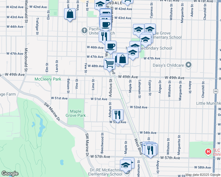 map of restaurants, bars, coffee shops, grocery stores, and more near 6602 Arbutus Street in Vancouver