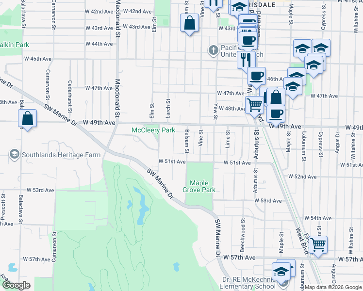 map of restaurants, bars, coffee shops, grocery stores, and more near in Vancouver
